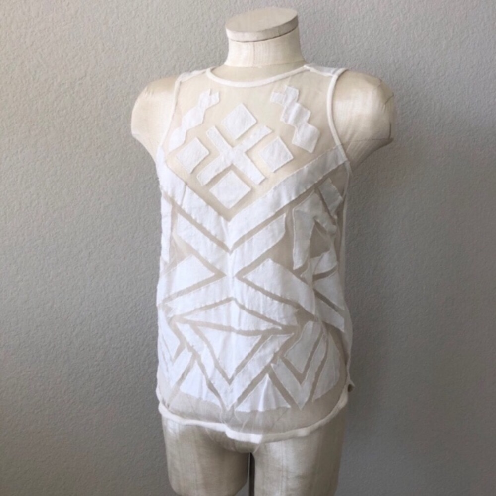 Lucky Brand off white sheer top with apliqué fabric